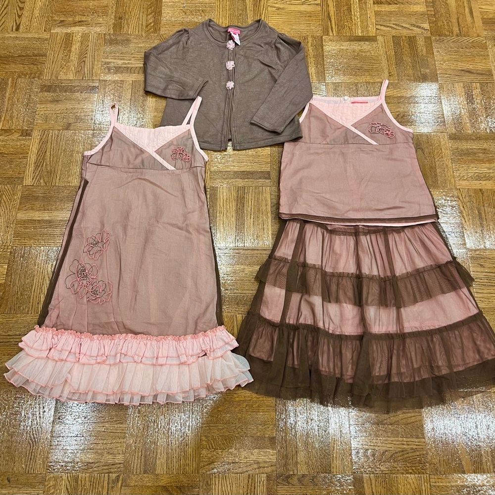 4pc Deux par Deux Brown Dress & 2pc Skirt set & Sweater with Pink Accent